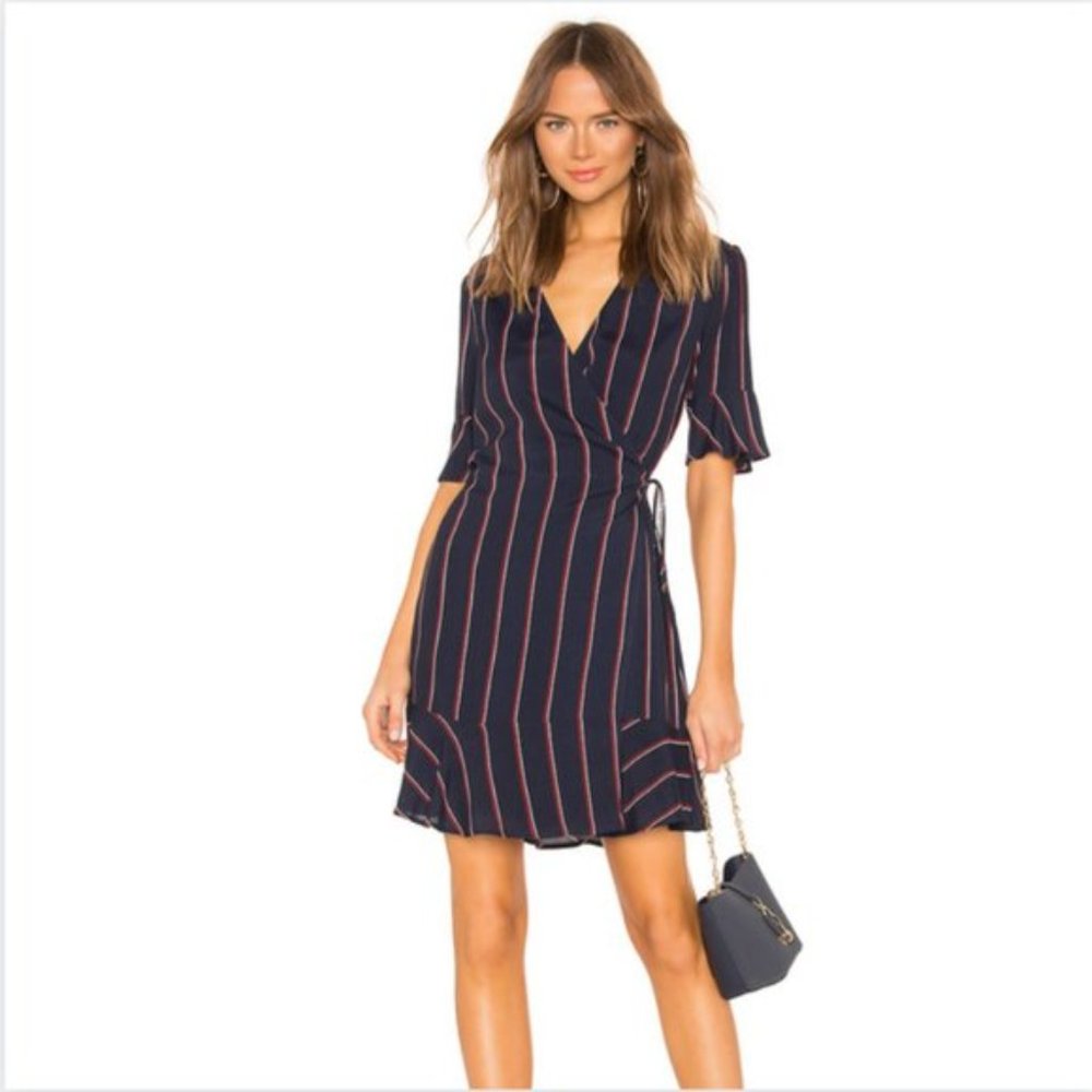 Rails Aimee Wrap Dress Size S Striped Blue Navy Oxblood Mini Flare Sleeve Hem